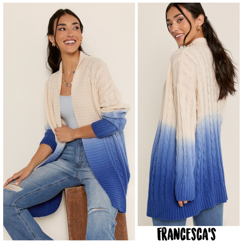 New Francesca’s Ines Cable Knit Two Tone Ombre Cardigan - Picture 2 of 6